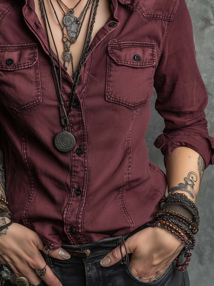 Retro denim blouse full length view
