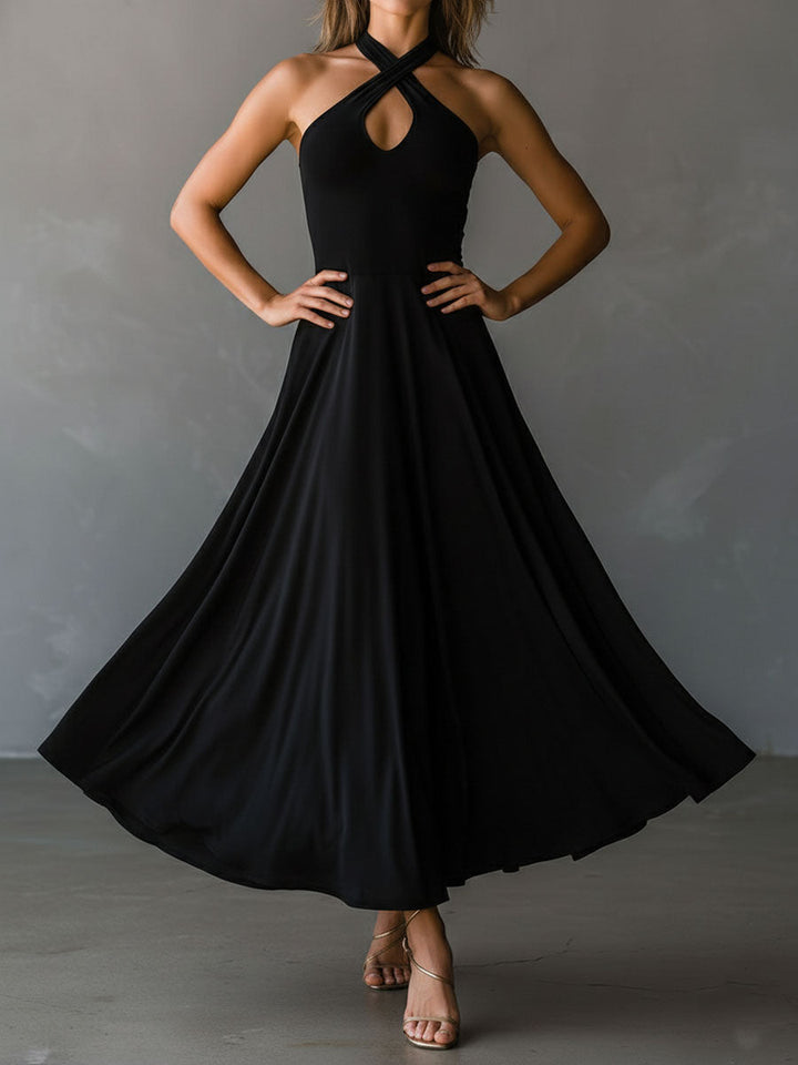 Retro black halter A-line midi dress styled look