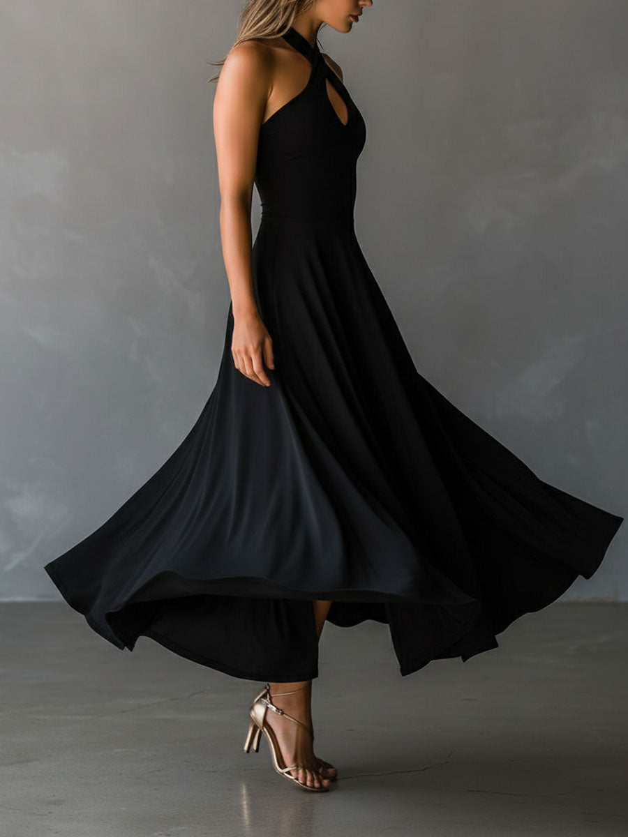 Cross tie-back halter midi dress back view