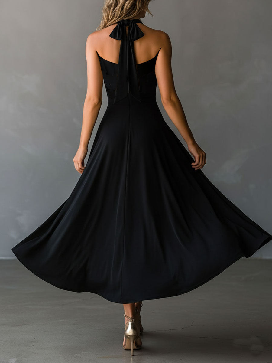 Halter tie-back A-line midi dress detail close-up