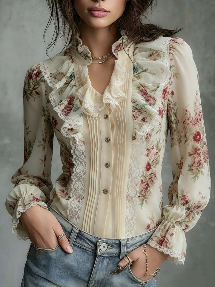 Oil painting floral chiffon lace blouse front view