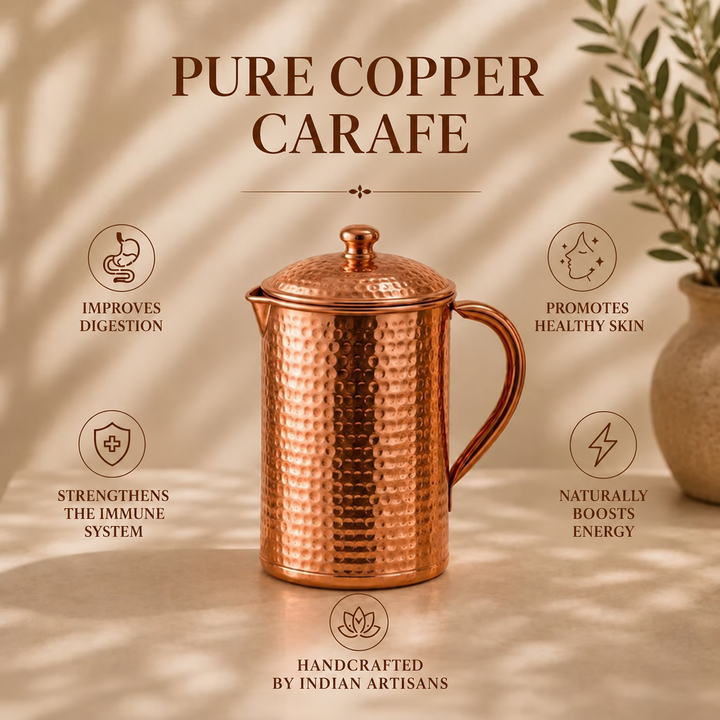 Close-up of the hammered texture and copper lid on the hammered copper water carafe
