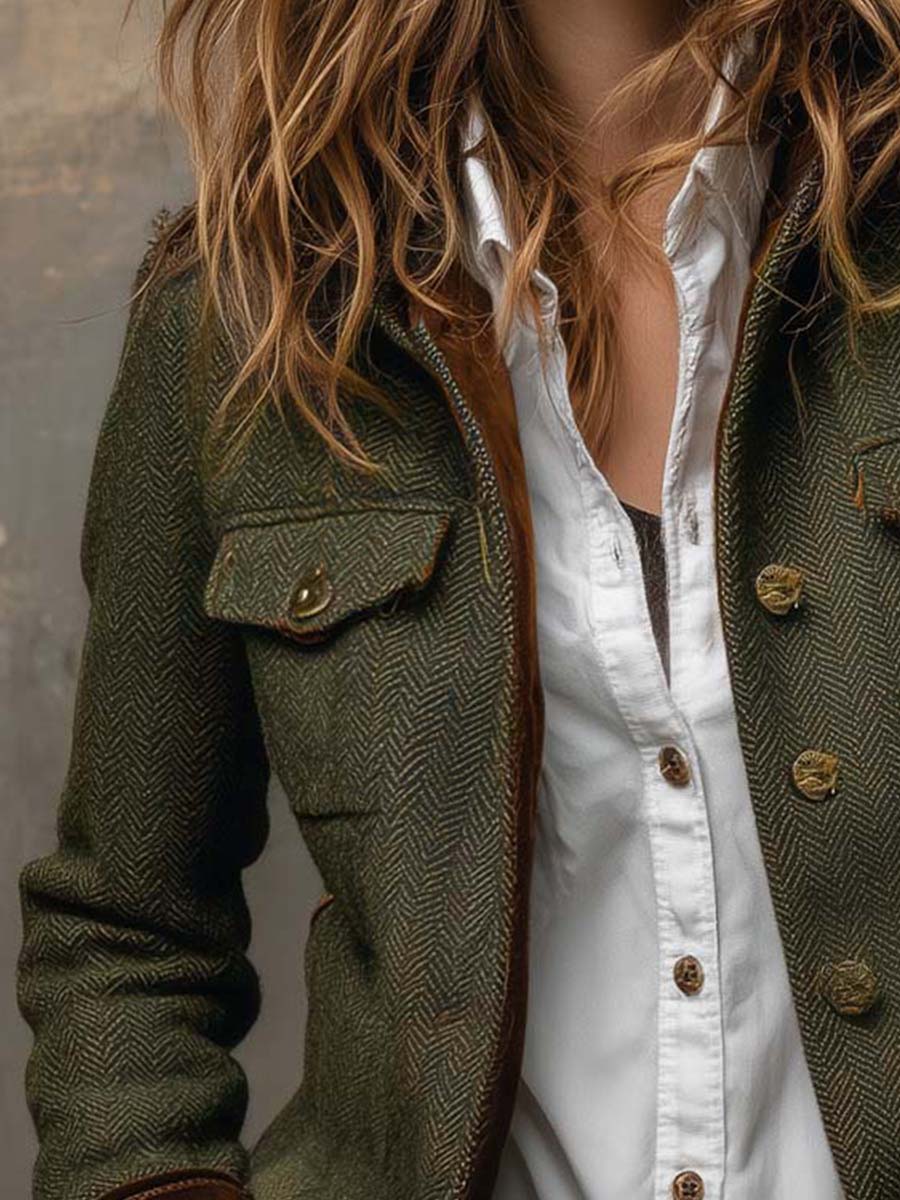 Herringbone tweed blazer detail view