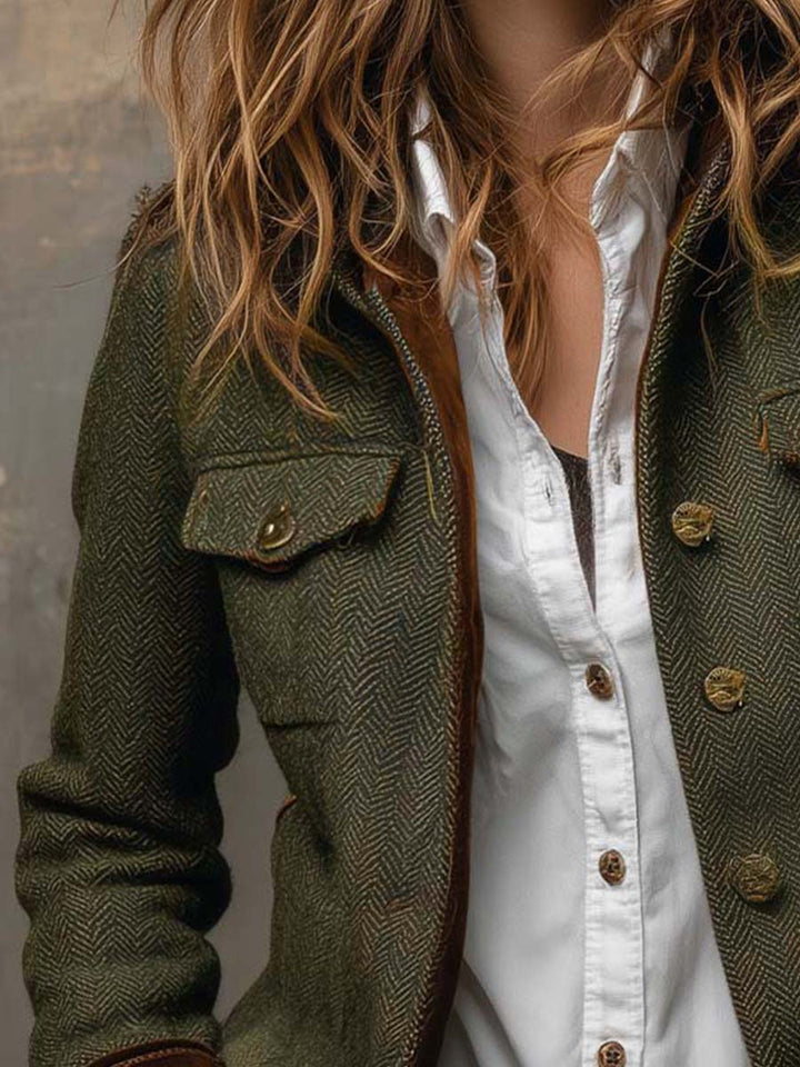 Herringbone tweed blazer detail view