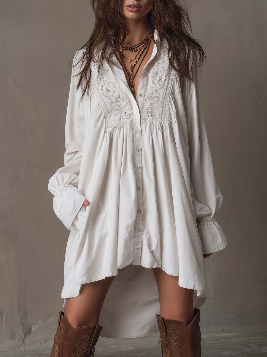 Retro-style lace irregular hem long-sleeved mini dress front view