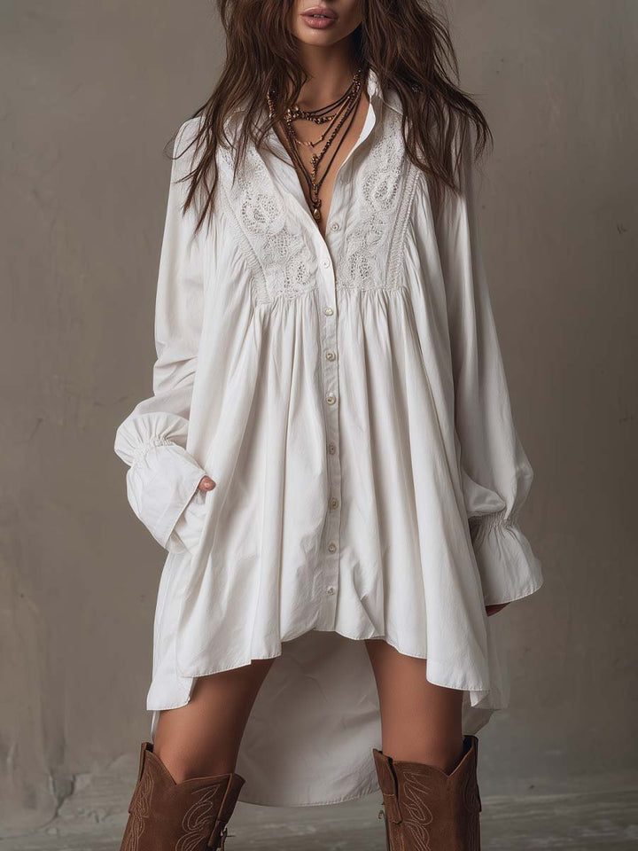 Retro-style lace irregular hem long-sleeved mini dress front view