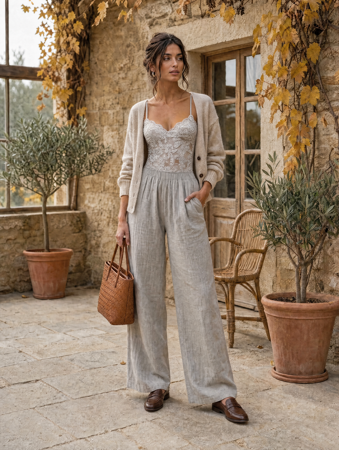 Light grey lace jumpsuit styled outfit