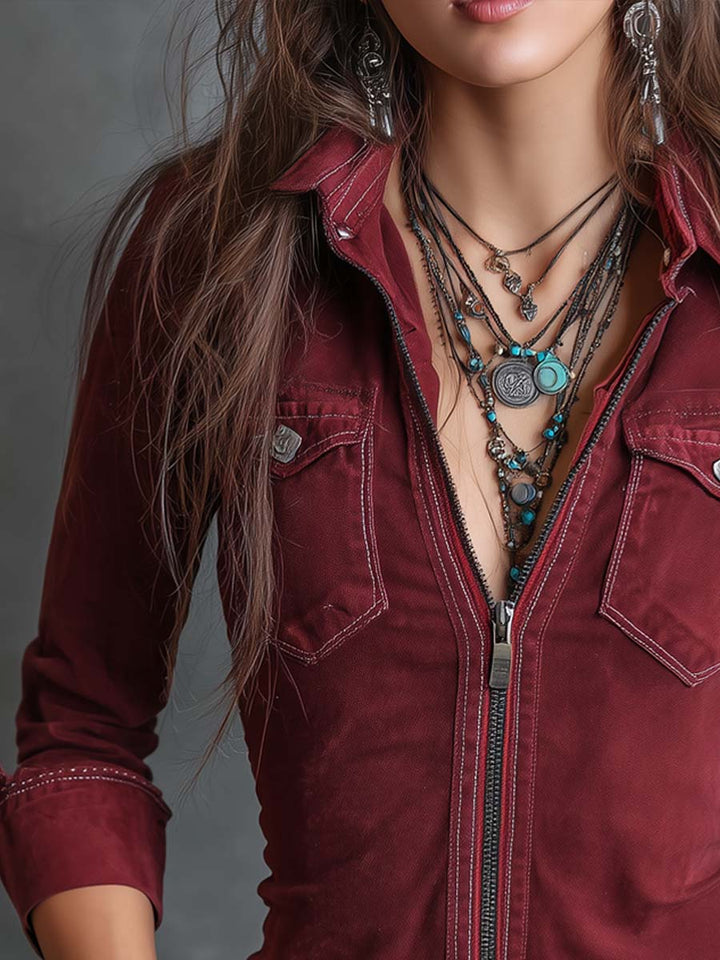 Distressed denim zip collar shirt side view