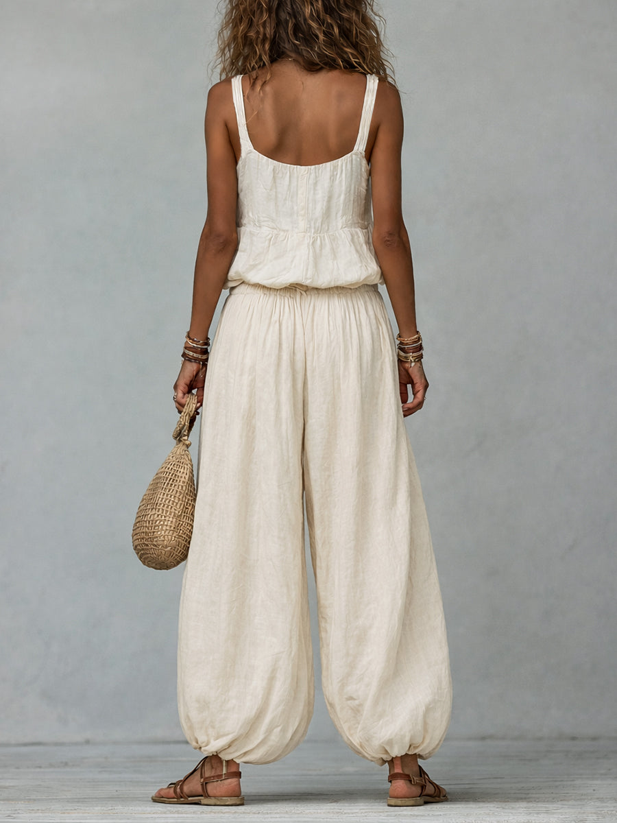 Boho embroidered vest balloon pants styled look