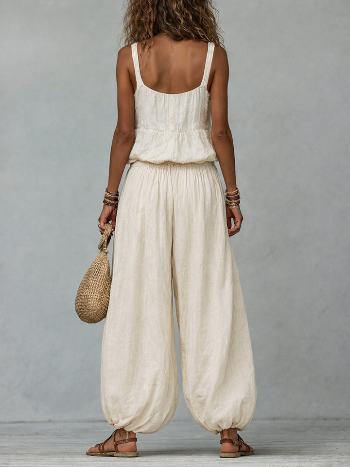 Boho embroidered vest balloon pants styled look