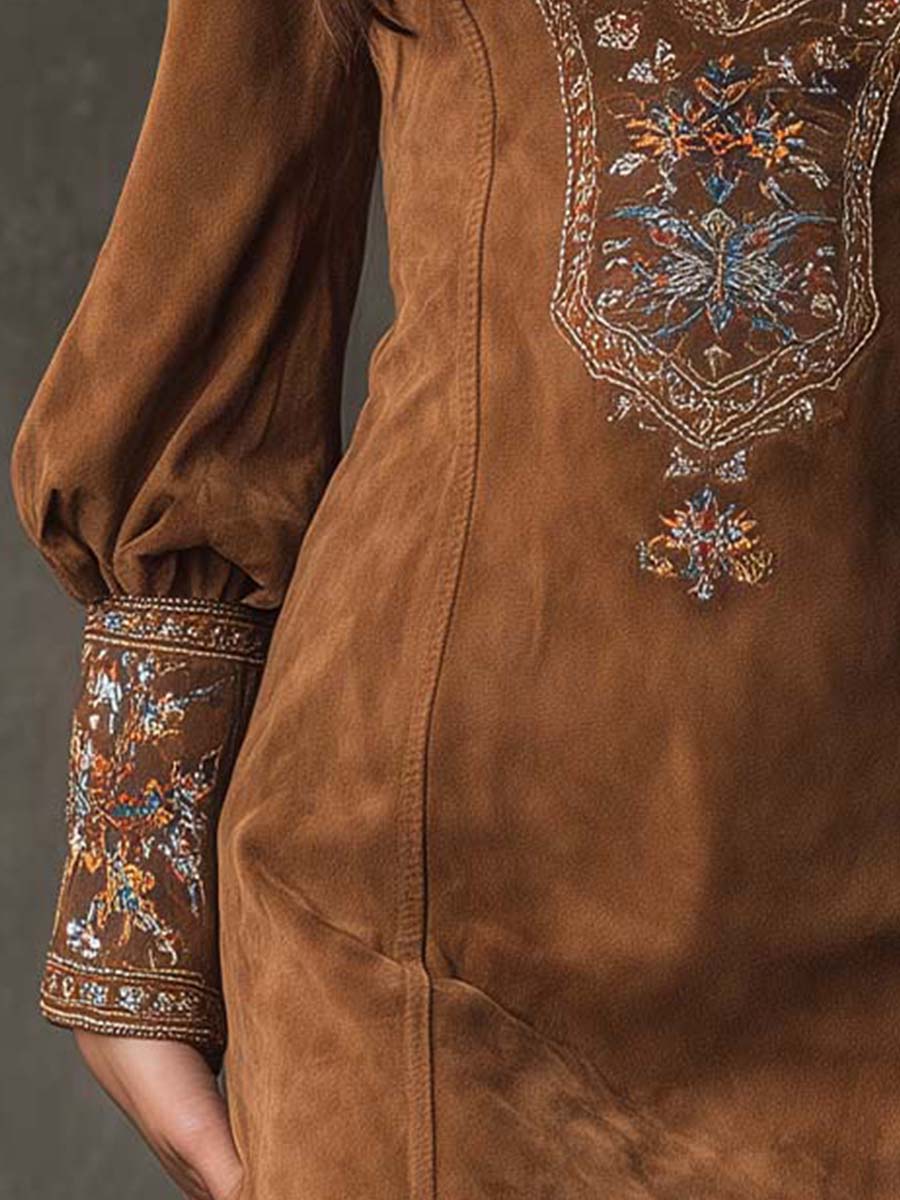 Suede mini dress embroidery detail view