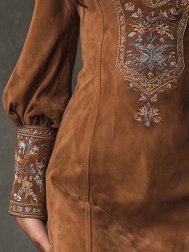 Suede mini dress embroidery detail view