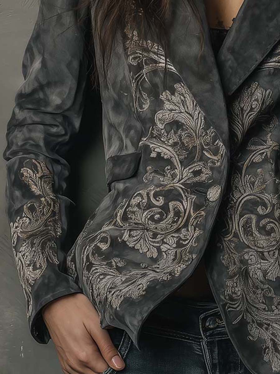 Embossed floral eco-suede blazer charcoal taupe side view