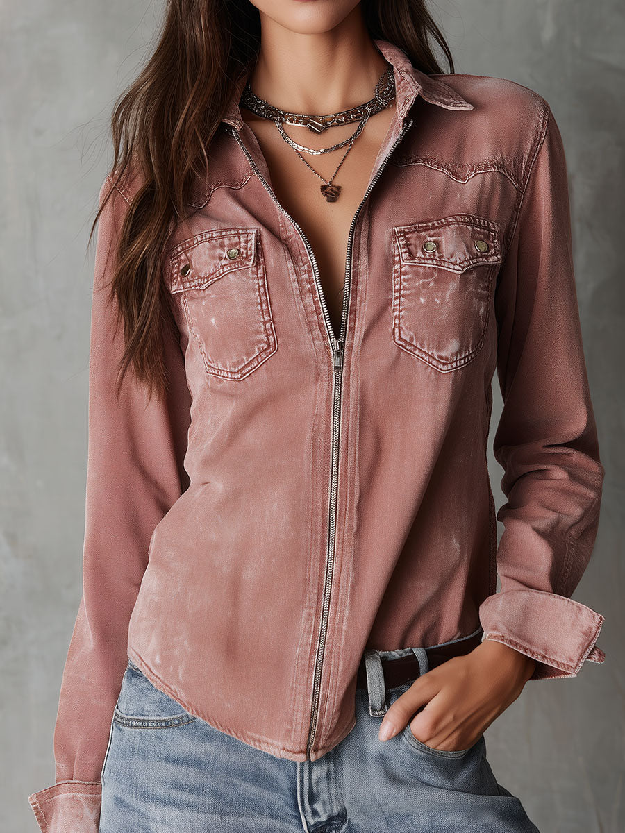 Western soft faded dusty rose washed denim zip shirt front view