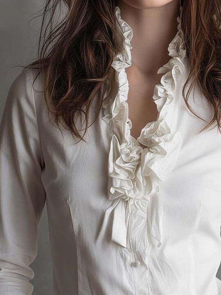 White ruffle trim blouse side view