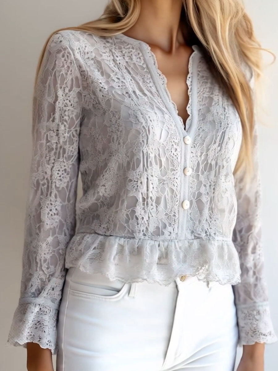 Stylish v-neck button down long sleeve lace shirt side view