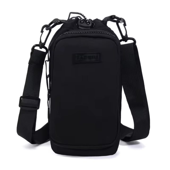 Copper bottle carrier bag worn cross-body, showing the padded strap and secure bottle pocket