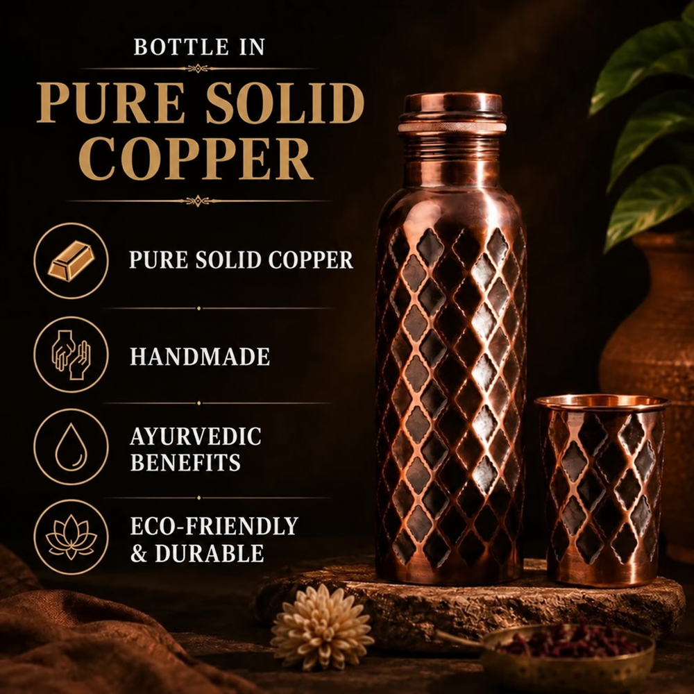 Front view of the Diamond pure copper water bottle with hammered diamond-textured finish and copper cap