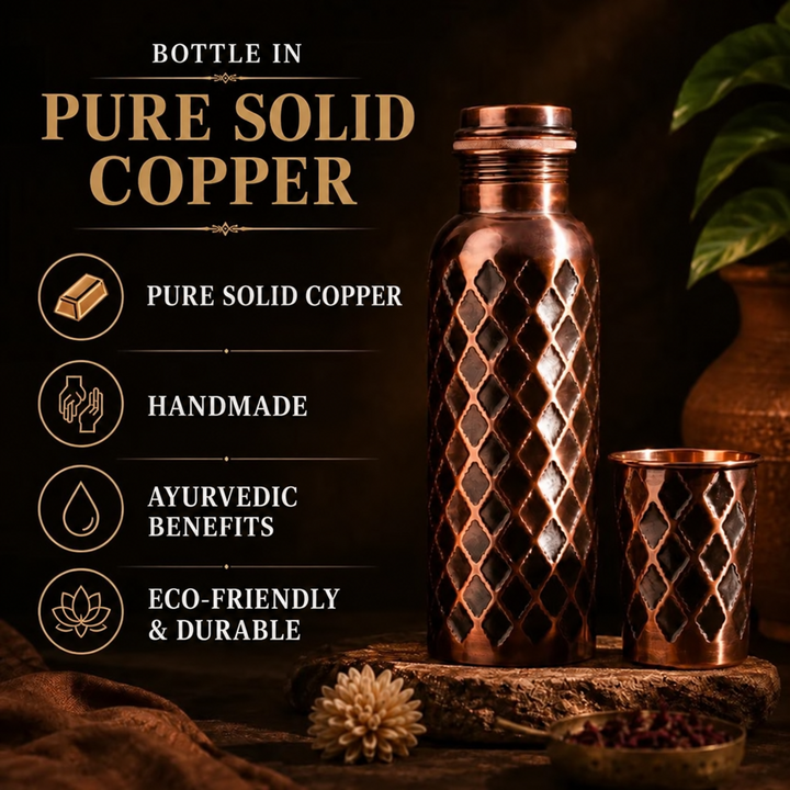 Front view of the Diamond pure copper water bottle with hammered diamond-textured finish and copper cap