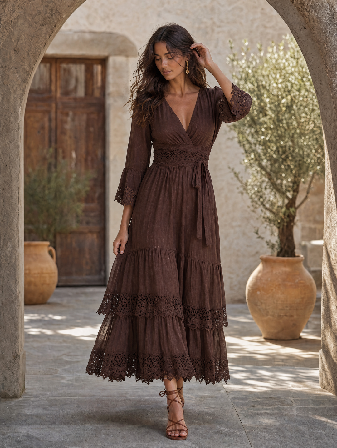 Puff sleeve lace trim midi dress detail close-up