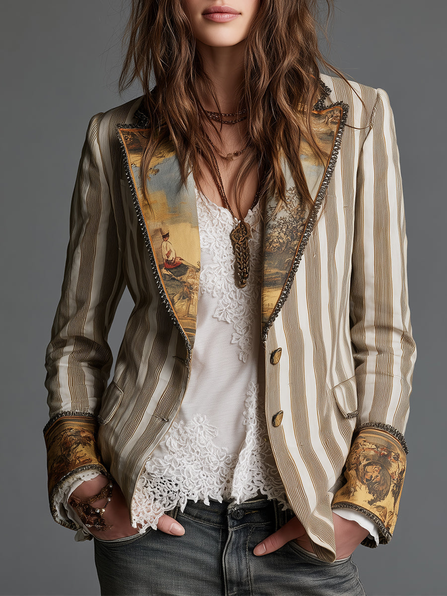 Bohemian striped cotton blazer printed lapels front view