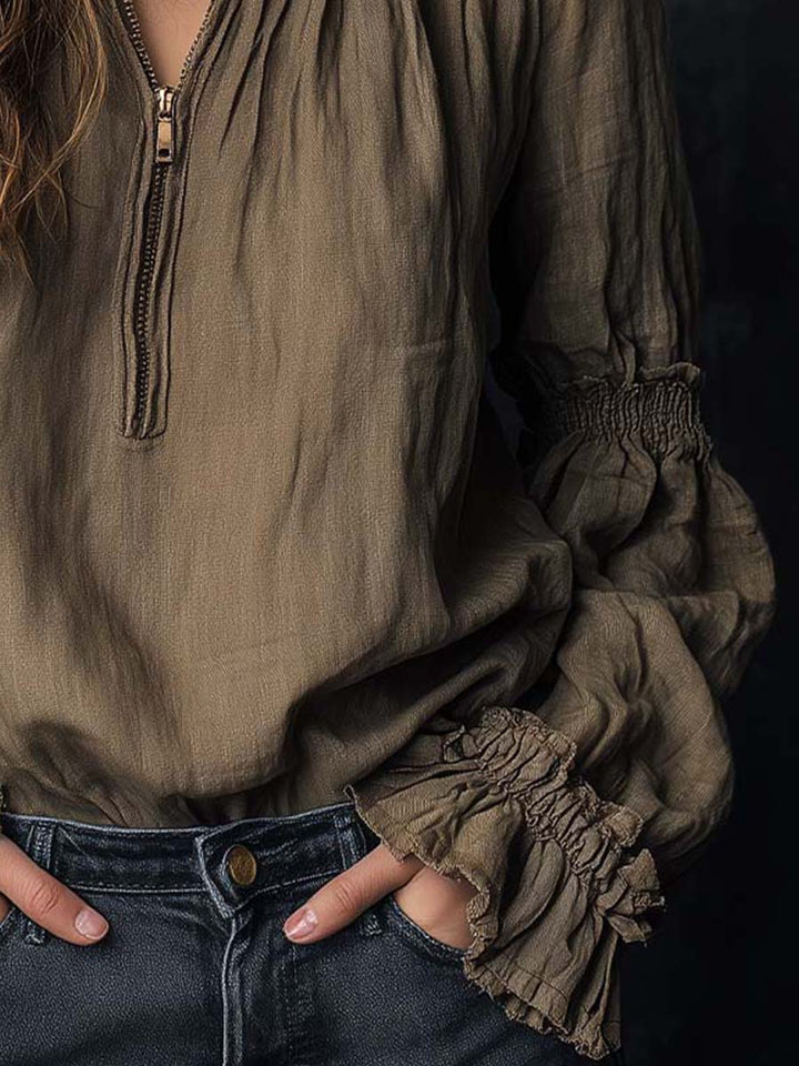Boho ruffled cuff half-zip blouse styled view