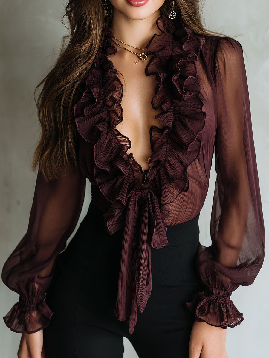 Plum sheer ruffled tie-front chiffon blouse front view