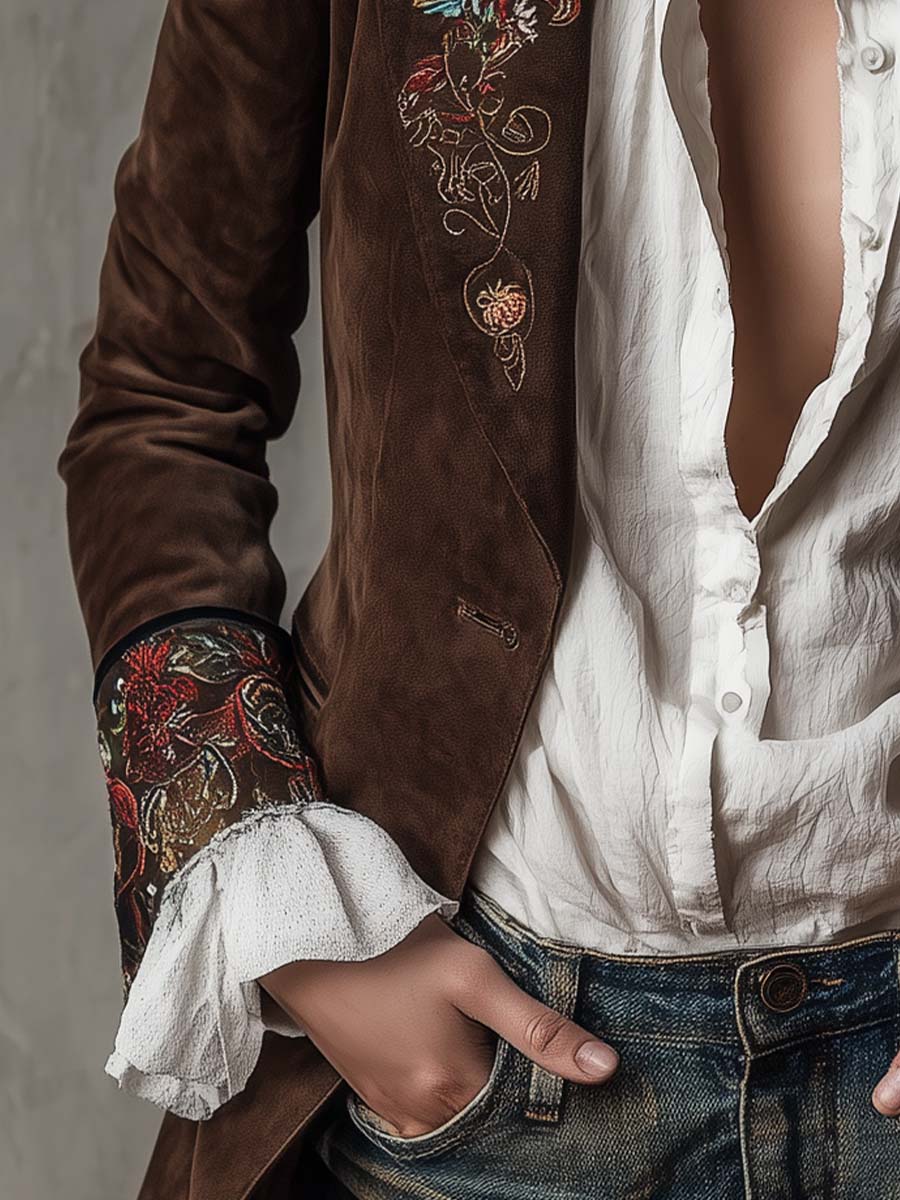 Brown suede embroidered blazer detail view