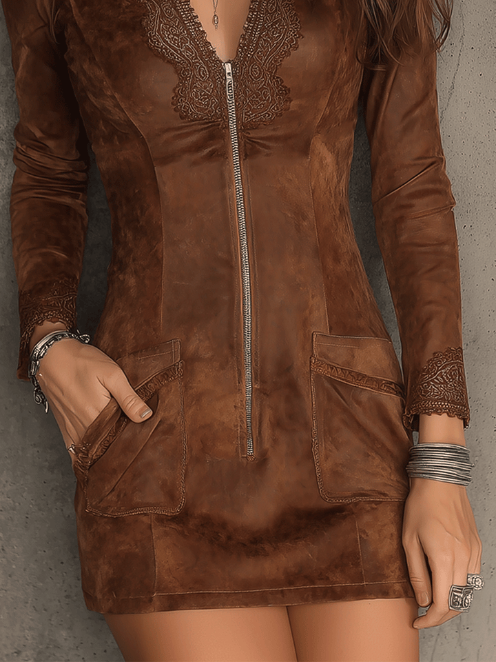 Vintage caramel brown lace trim zip front suede mini dress side view