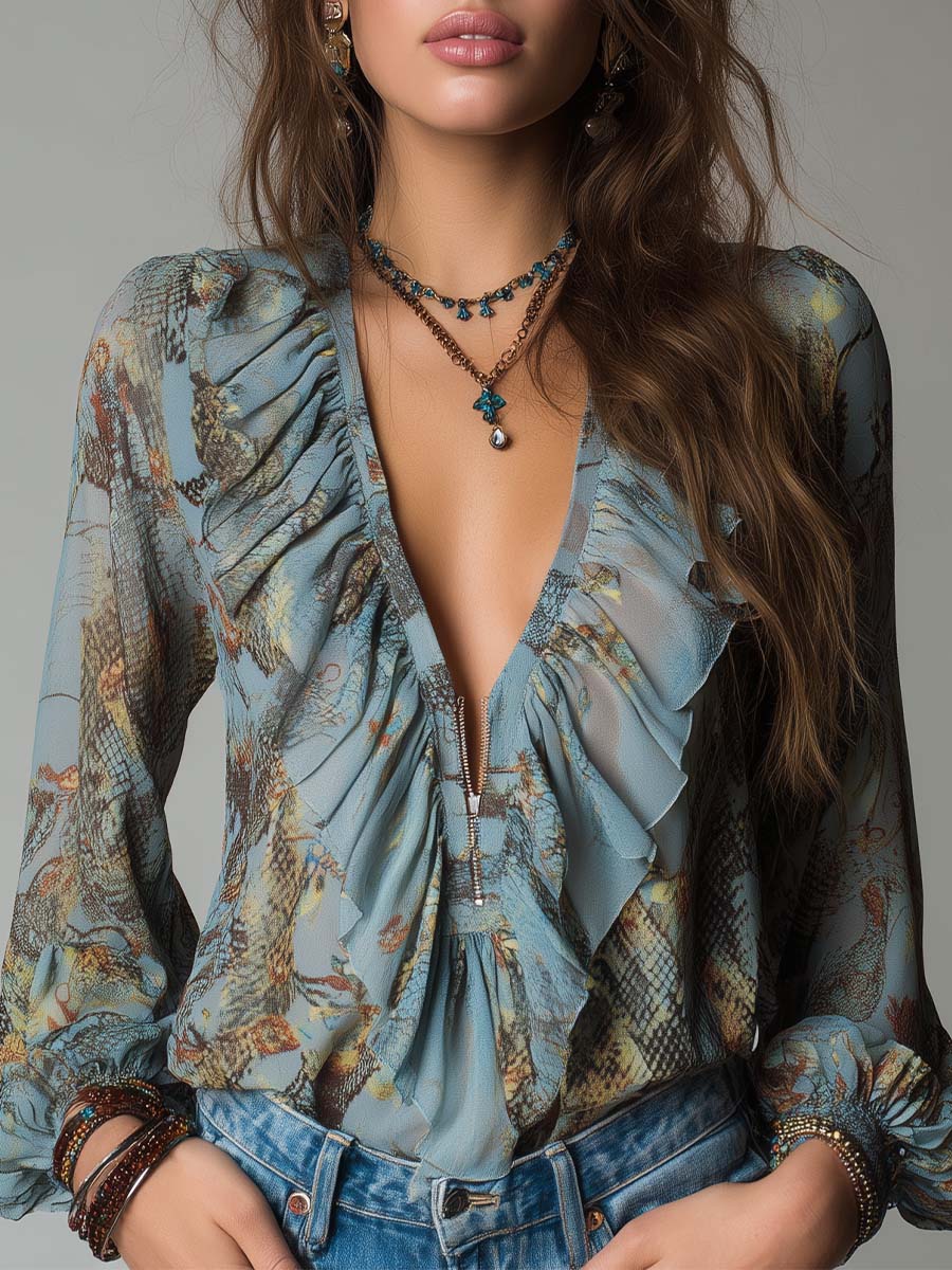 Mist blue snake floral zip chiffon blouse front view