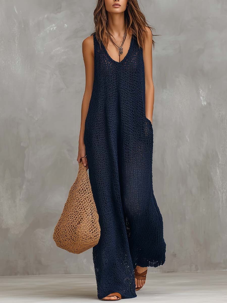 Bohemian vacation knitted jumpsuit front view
