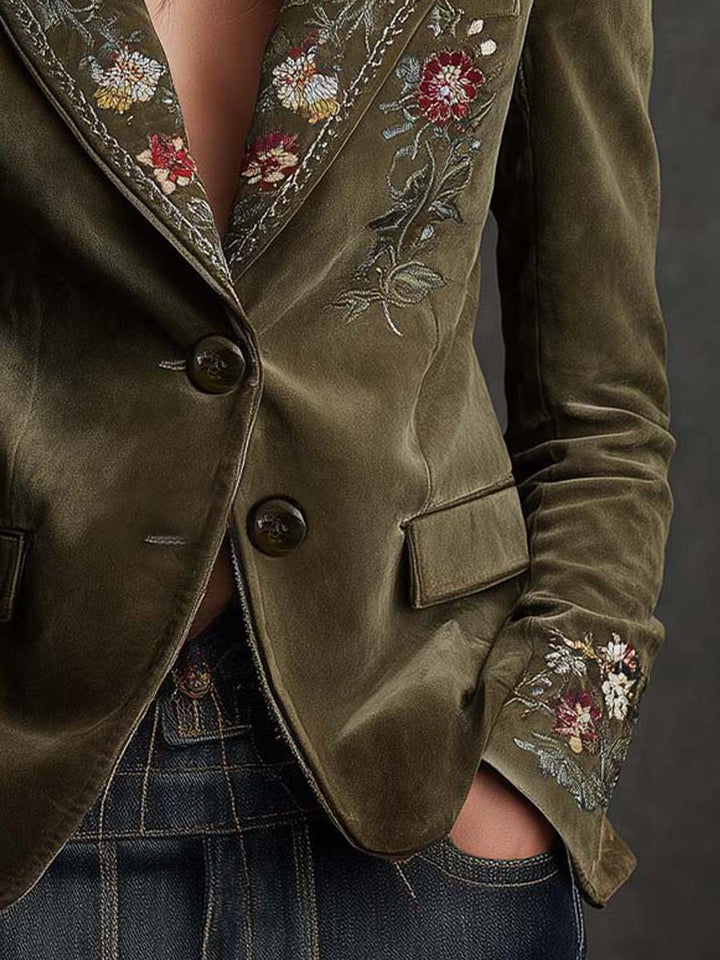 Olive green velvet blazer intricate floral embroidery styled view