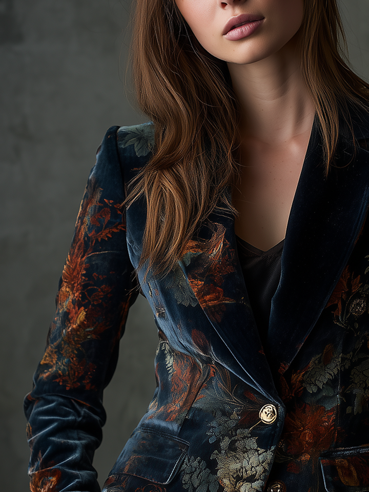 Vintage floral print metal button velvet blazer back view