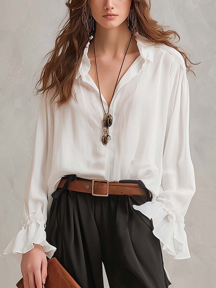 Retro ruffled chiffon shirt and pants two-piece set detail view