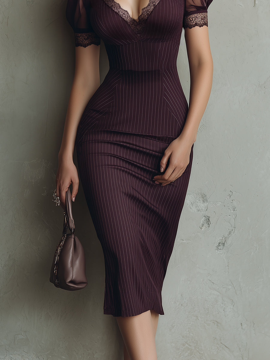 Striped lace trim bodycon midi back view