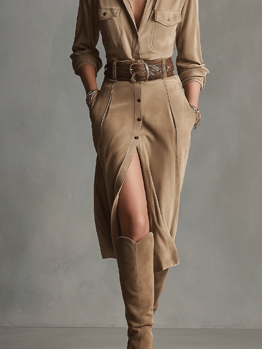 fashion suede midi dress brown – women's chic look