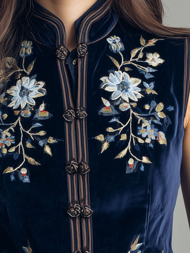 Boho mandarin collar navy velvet embroidered vest styled view
