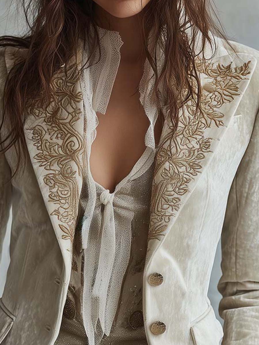 Ivory velvet blazer lace cuff detail view