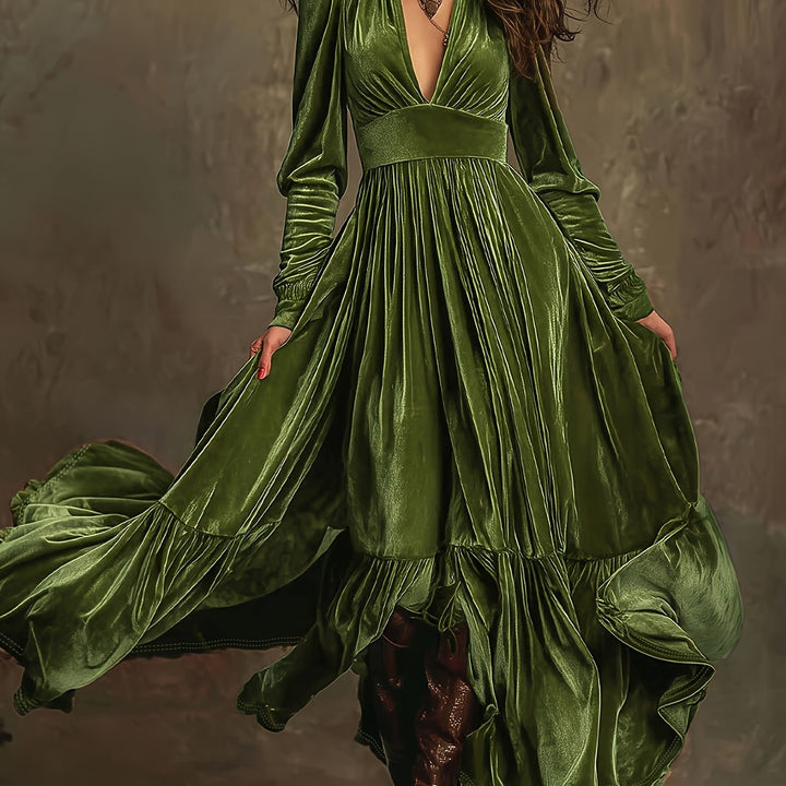 Eveline brown velvet maxi dress styled – women's luxe evening outfit