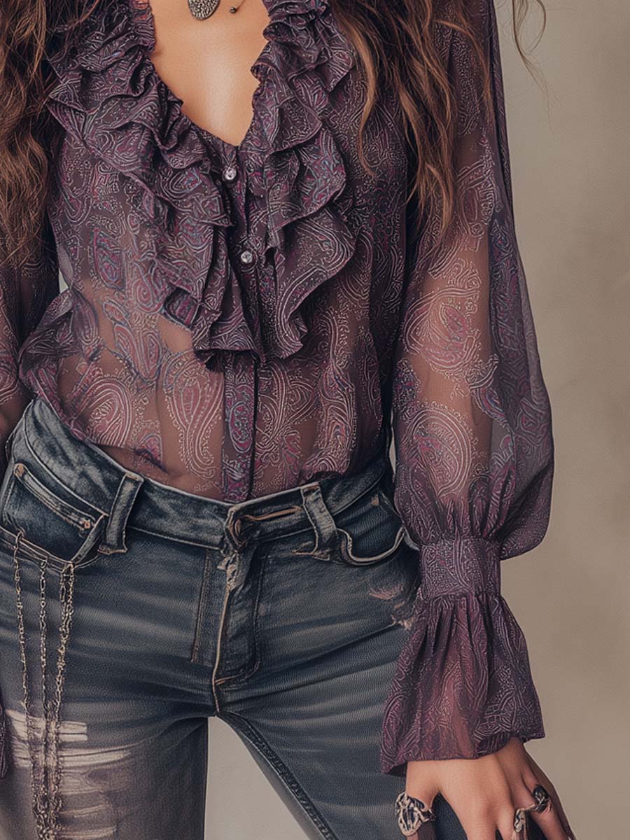 Vintage paisley print ruffled collar chiffon blouse detail view