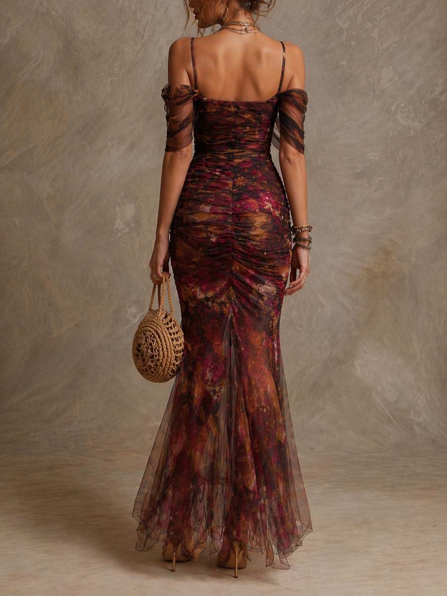 Off-shoulder mesh mermaid dress back view