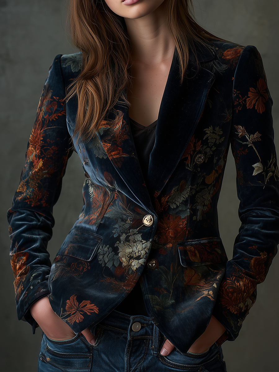 Vintage floral print metal button velvet blazer front view