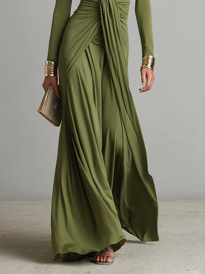 Olive Green Silk Maxi Dress — back view