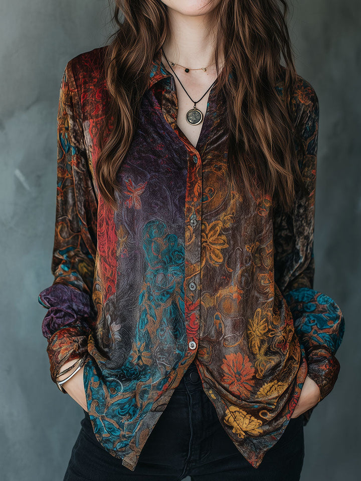 Boho floral velvet long sleeve button-down shirt front view