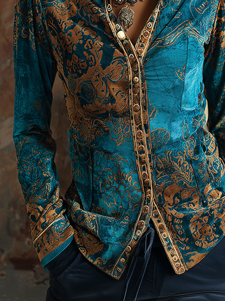 Peacock velvet blouse detail view