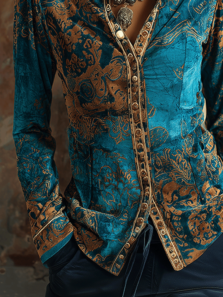 Peacock velvet blouse detail view