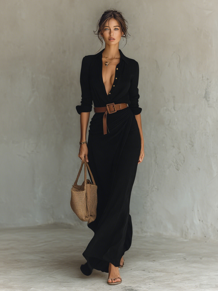 Khaki Notched Collar Maxi Dress — product view