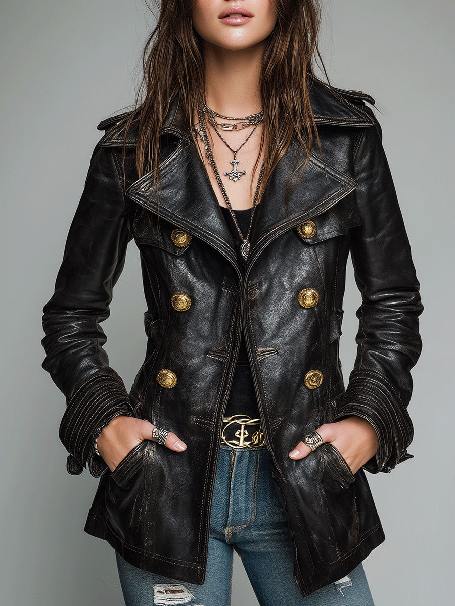 Vintage black double-breasted faux leather jacket front view