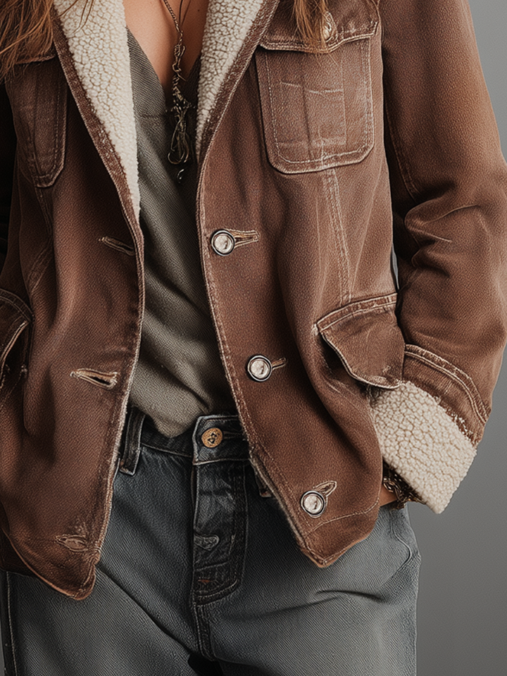 Sherpa denim coat detail view
