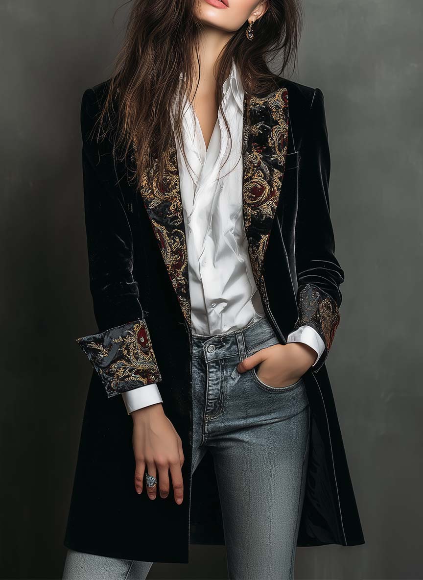 Vintage black velvet blazer baroque lapel front view